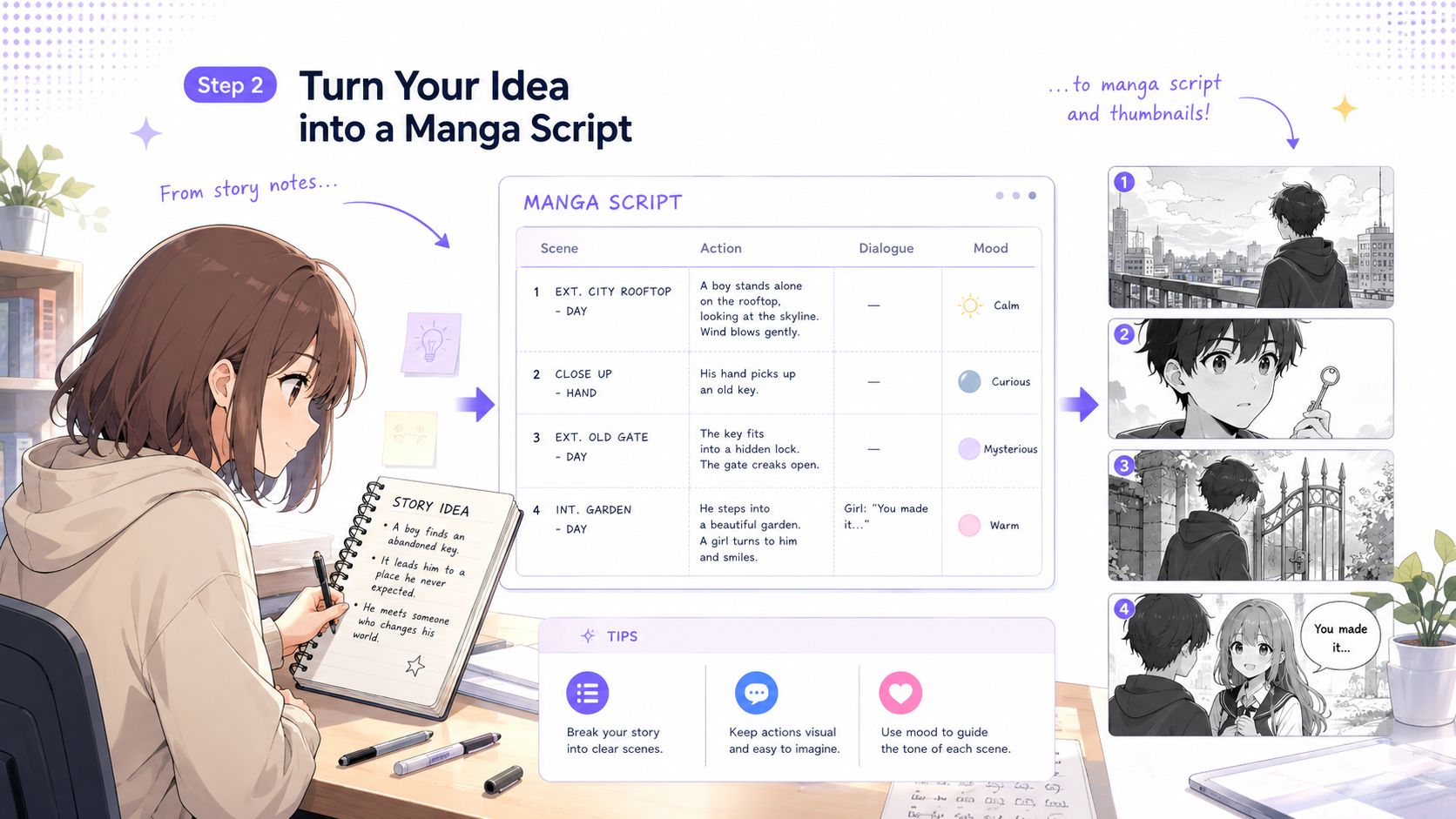 Turning a manga story script into visual scenes
