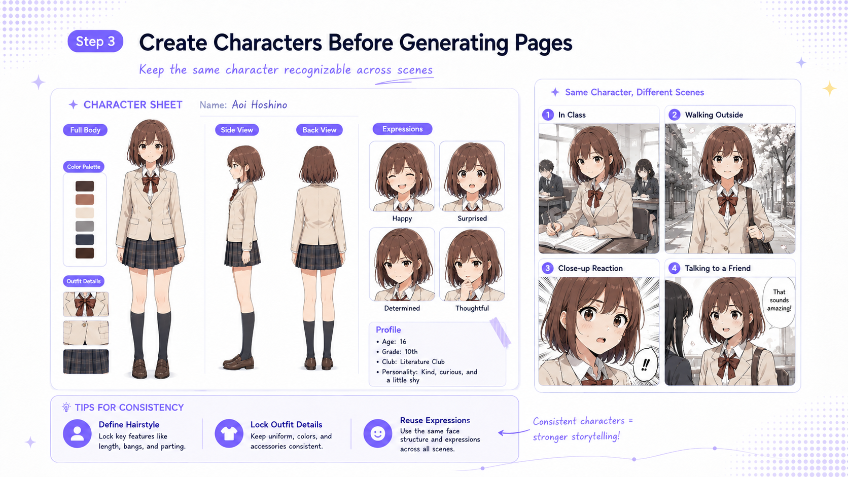 AI manga character setup for consistent comic pages